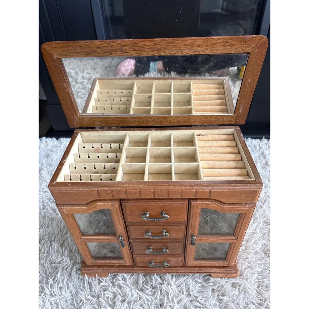 Vintage Wooden Jewelry Box Armoire Etched Glass Doors 4 Drawers Mirror Chest‎